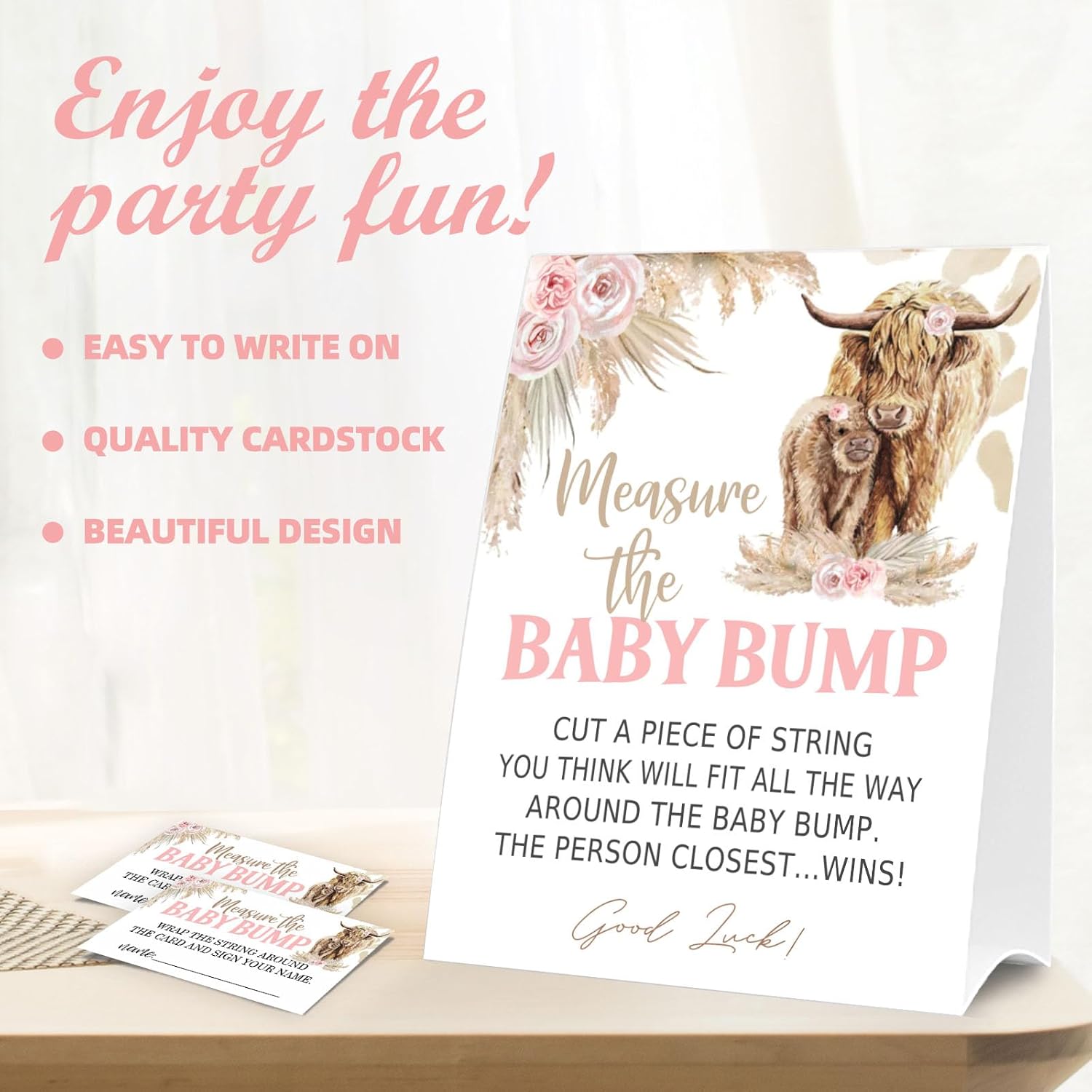 Baby Shower Games Measure The Baby Bump Sign, How Big Is Mommy'S Belly Party Favors Supplies, 5X7 Inch Kraft Standing Sign And 50 Guessing Cards, Holy Cow, Boho Pink Highland Cow