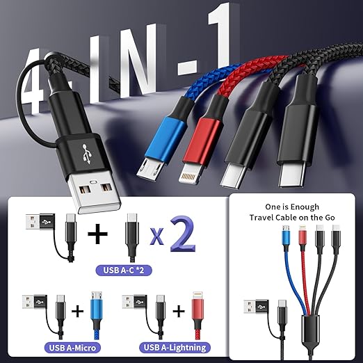 2 Pack 4 in 2 Multi Charging Cable 5FT Dual USB C USB A Universal Fast Charger Cord for iPhone 17 Android iPad