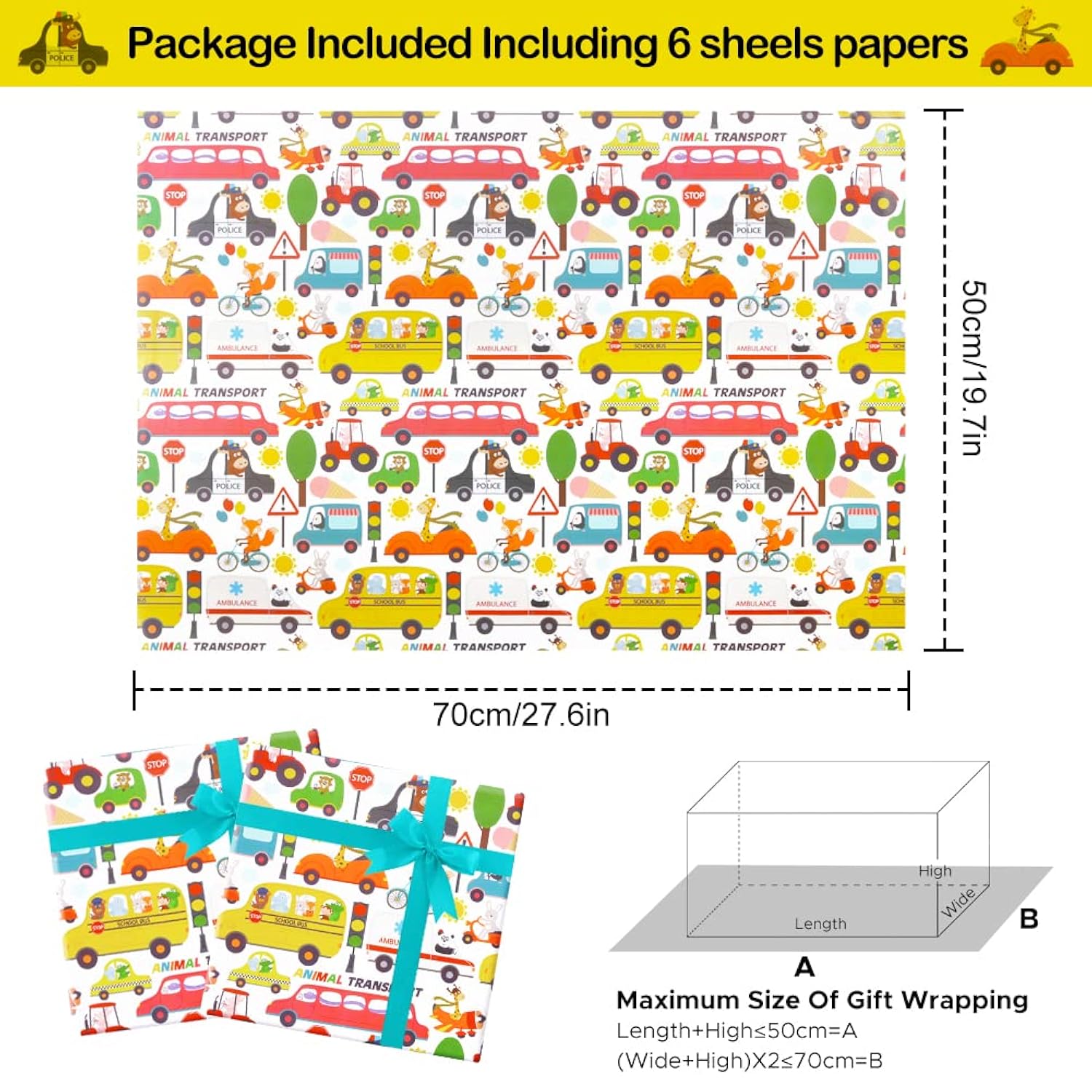 Birthday Wrapping Paper For Kids Boys Girls, Animal Transport Design Gift Wrapping Paper, Cartoon Animals 6 Sheets Folded Flat 20X28 Inches Per Sheet For Birthday Baby Shower