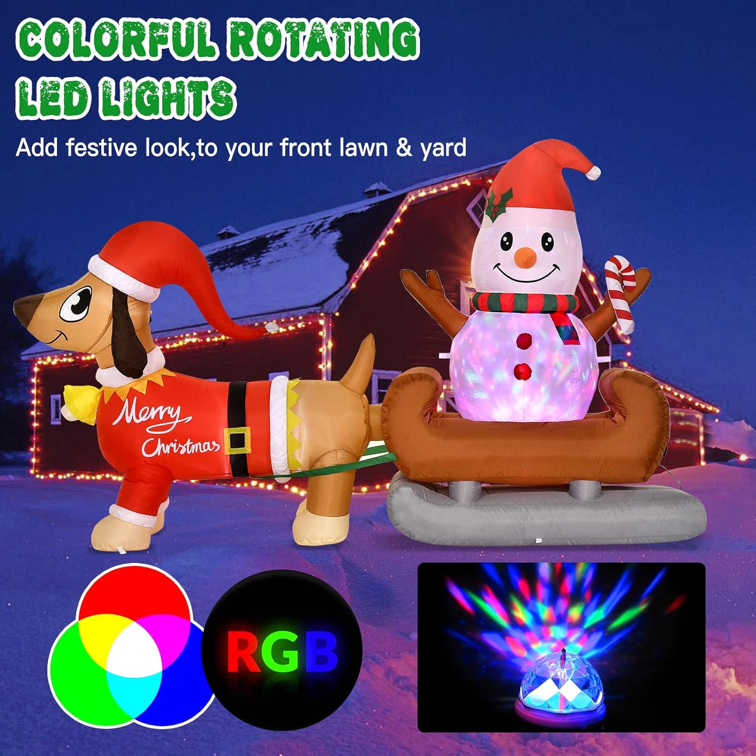 8 Ft Outdoor Inflatable Snowman Christmas Decoration With Rotating Led Lights, Dog Inflatable Xmas Yard Decor