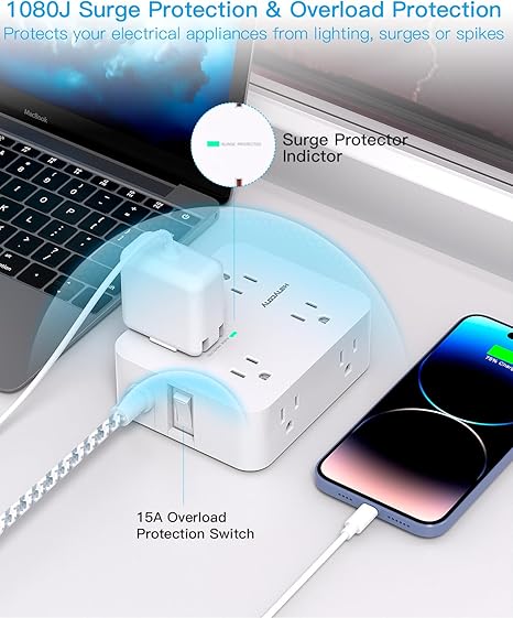 Surge Protector Power Strip 10FT Braided Flat Plug Extension Cord 8 Outlets 4 USB Ports 2 USB C 1080J