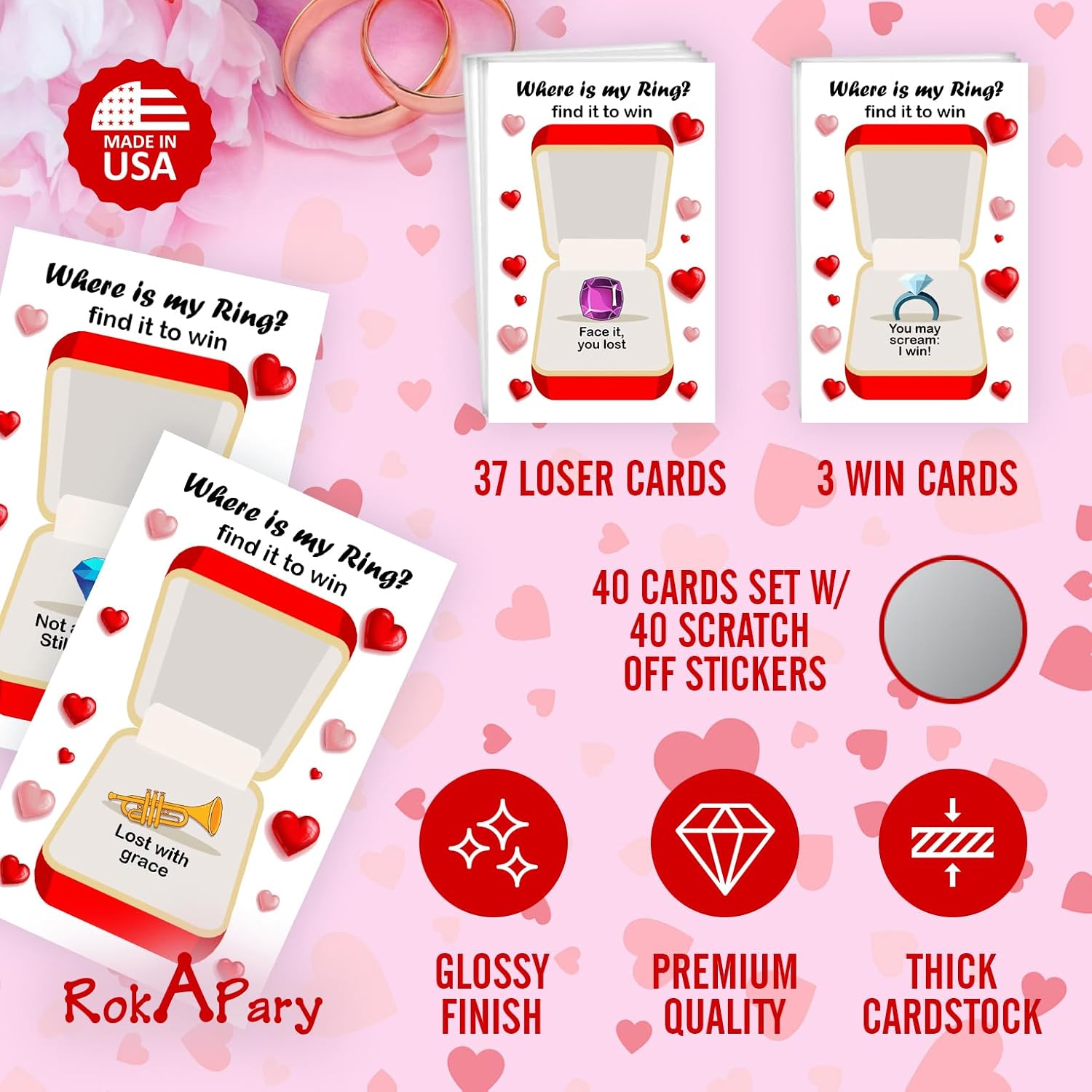 Where Is My Ring Wedding Or Bridal Shower Scratch Off Game, 40 Pack, Fun & Easy Wedding Shower Game For Guests, Engagement Party, Bachelorette Party, And Bride-To-Be Celebration Scratch Off Cards.