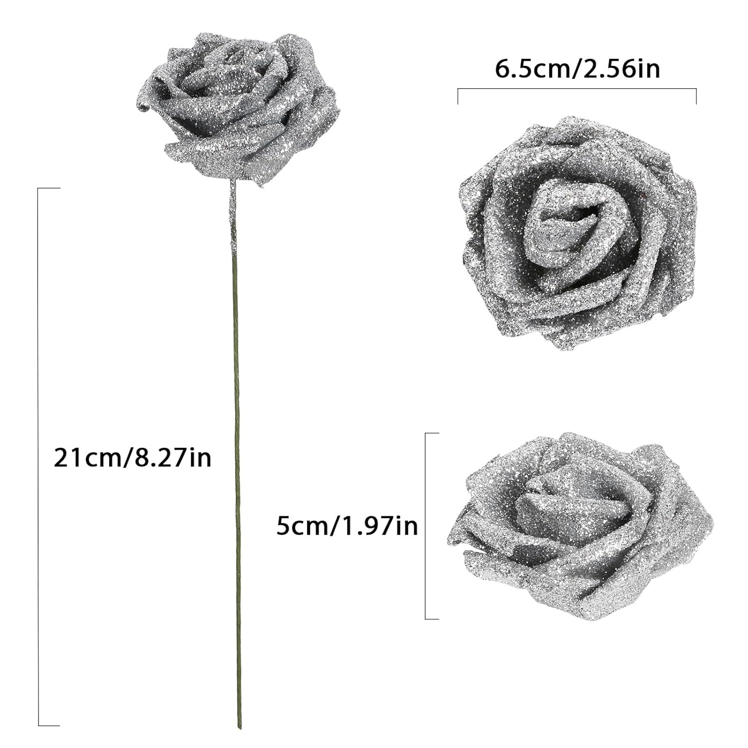 Silver Glitter Roses 30Pcs Artificial Roses With Stems Glitter Foam Flowers 2.56" Silver Flowers Fake Roses For Bridal Shower Wedding Bouquet Table Decor