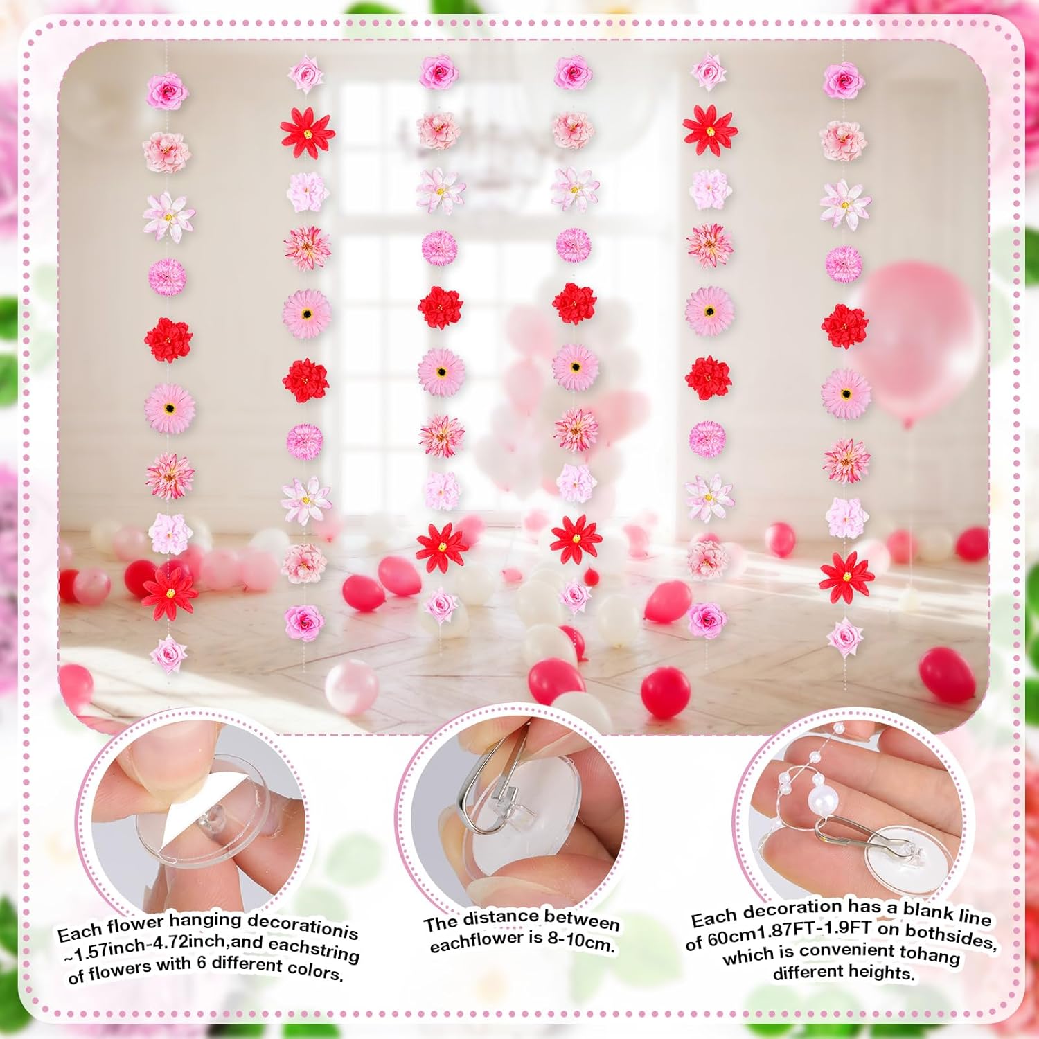 6Pcs 48Ft Artificial Flower Garland With Pearl Chain. Large Silk Floral Hanging Vines For Wall, Door, Lights Decoration. Wedding, Birthday Party Backdrop Decor. Flower Hanging Garland Included (Red)