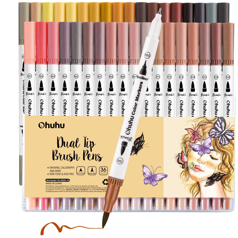 Skin Tone Markers 36-Colors: Dual Tip Brush And Fineliner Markers For Adult Co