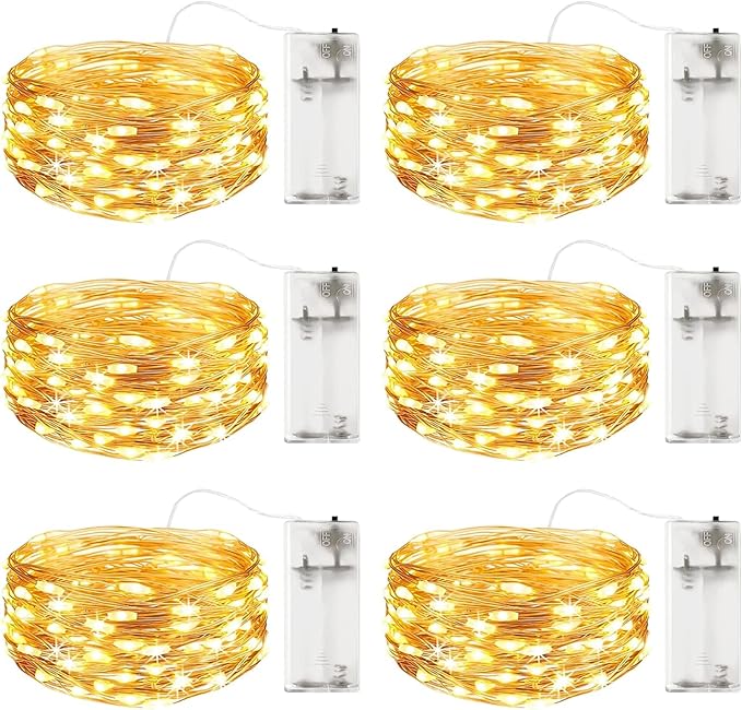 6 Pack Battery Operated Fairy Lights 6.6FT 20 LED Copper Wire Firefly Twinkle String Lights Warm White Waterproof Mini Lights for Bedroom Wedding Party Christmas Decor