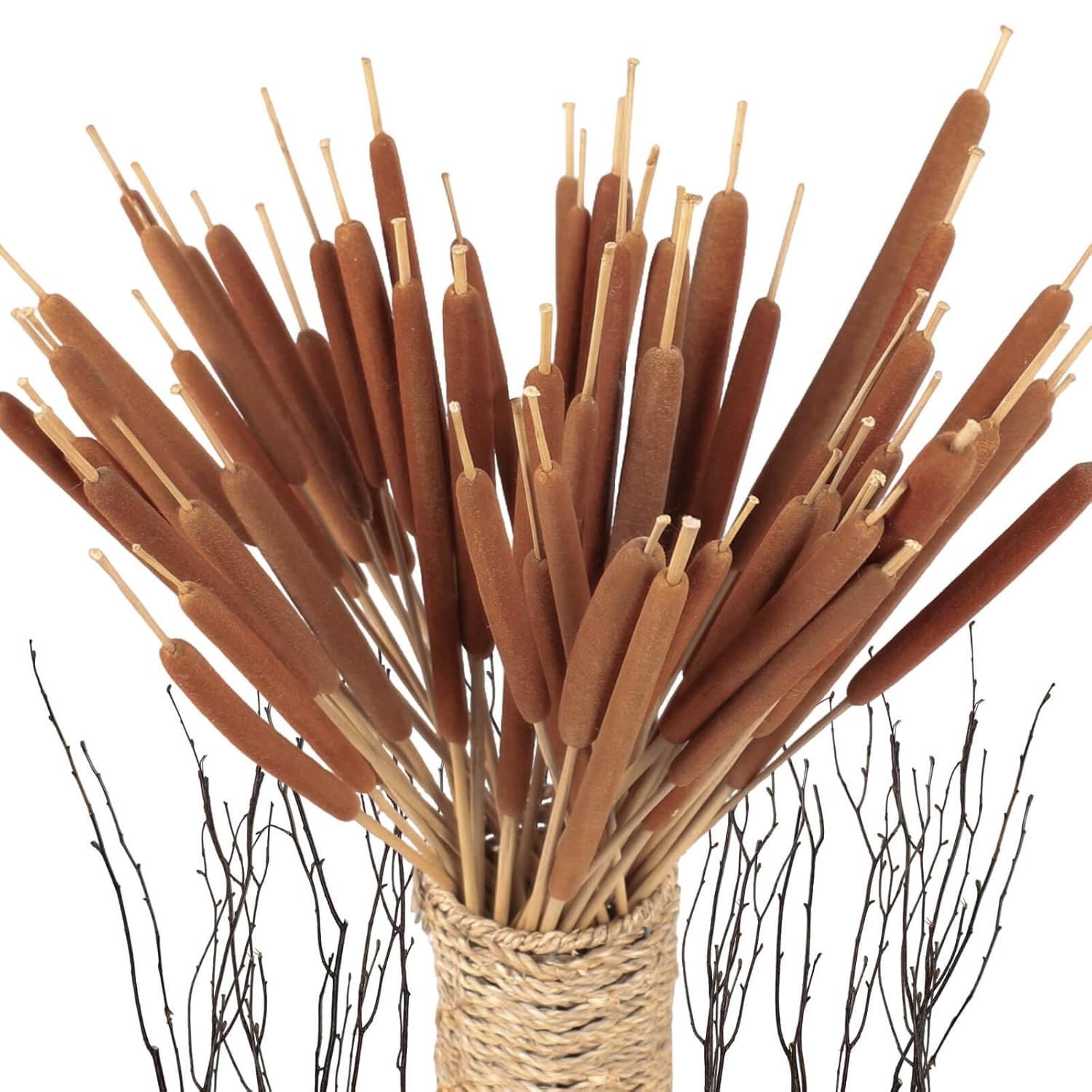 45Pcs Large Natural Brown Cattails Bundles - Dried Flowers Real Cat Tails For Decorating, 17'' Jumbo Cattail Bulrush Plants Floral Stems Artificial Pampas Grass Arrangements Wedding Home Farmhouse