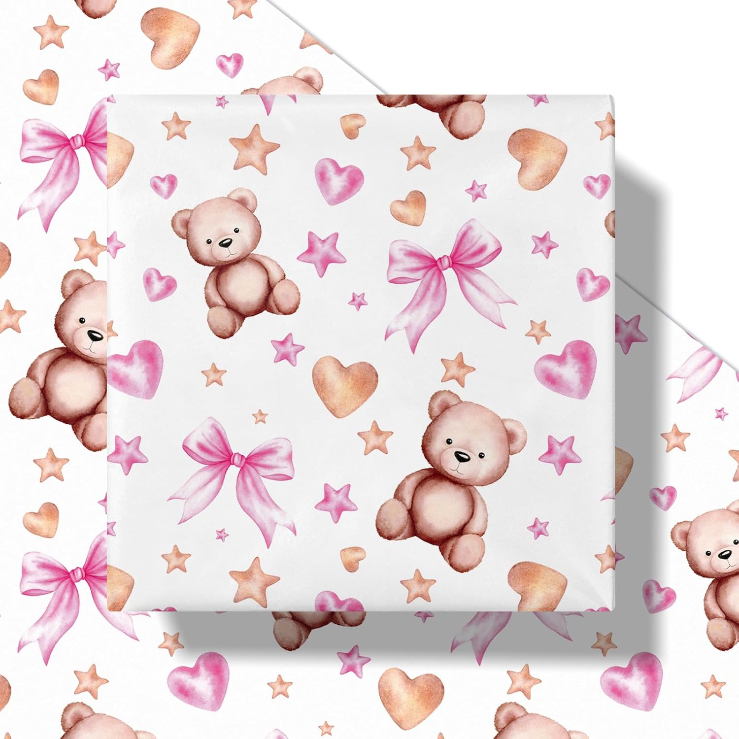 Bear Bow Wrapping Paper Roll For Baby Girl, Mini Roll, Pink Bear With Heart, Bow And Star Gift Wrap Paper For Baby Shower, Birthday And Special Occasions, 17 Inches X 16.4 Feet