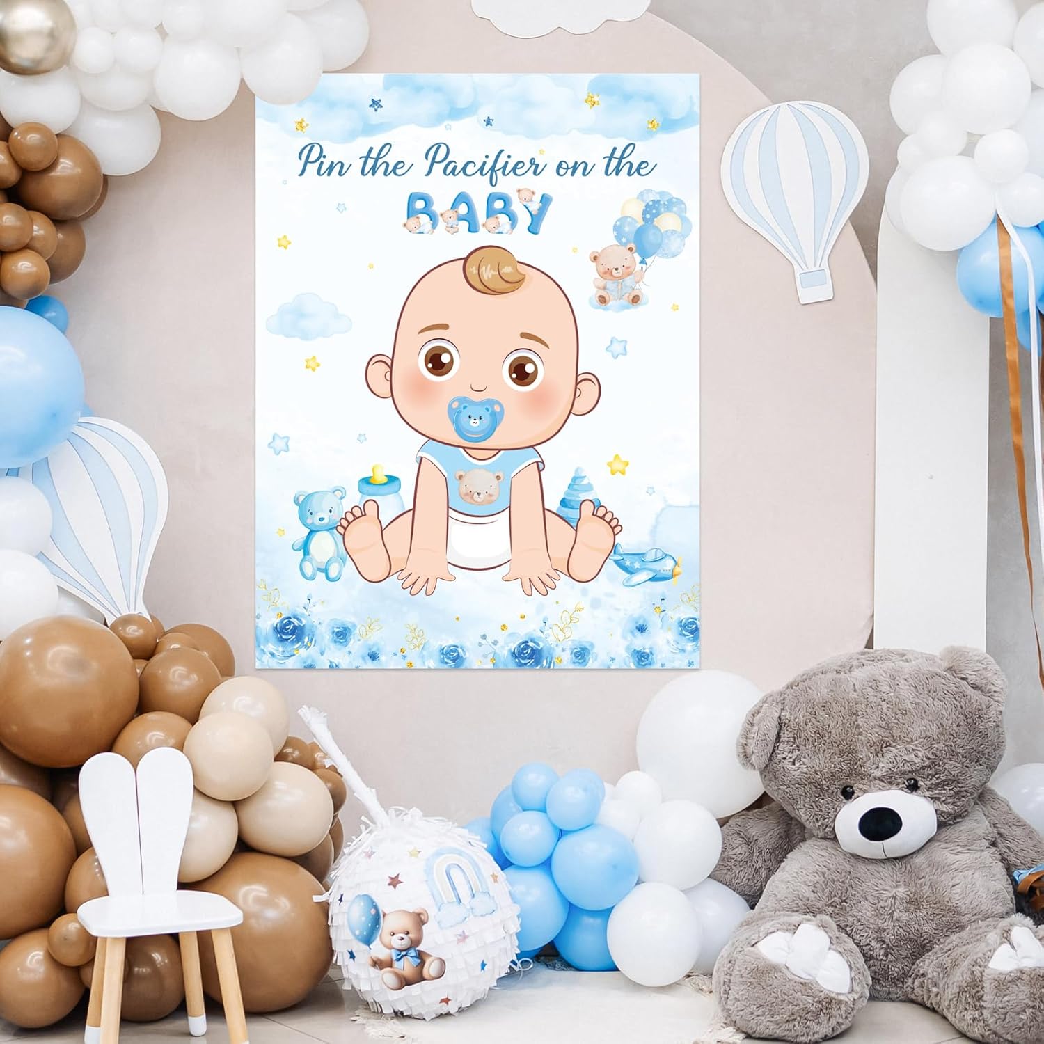 Pin The Pacifier On The Baby Game, Baby Shower Party Decorations With Large Poster Blindfolds And 30 Pacifier Stickers, Baby Theme Party Activity Supplies (Blue Bear)