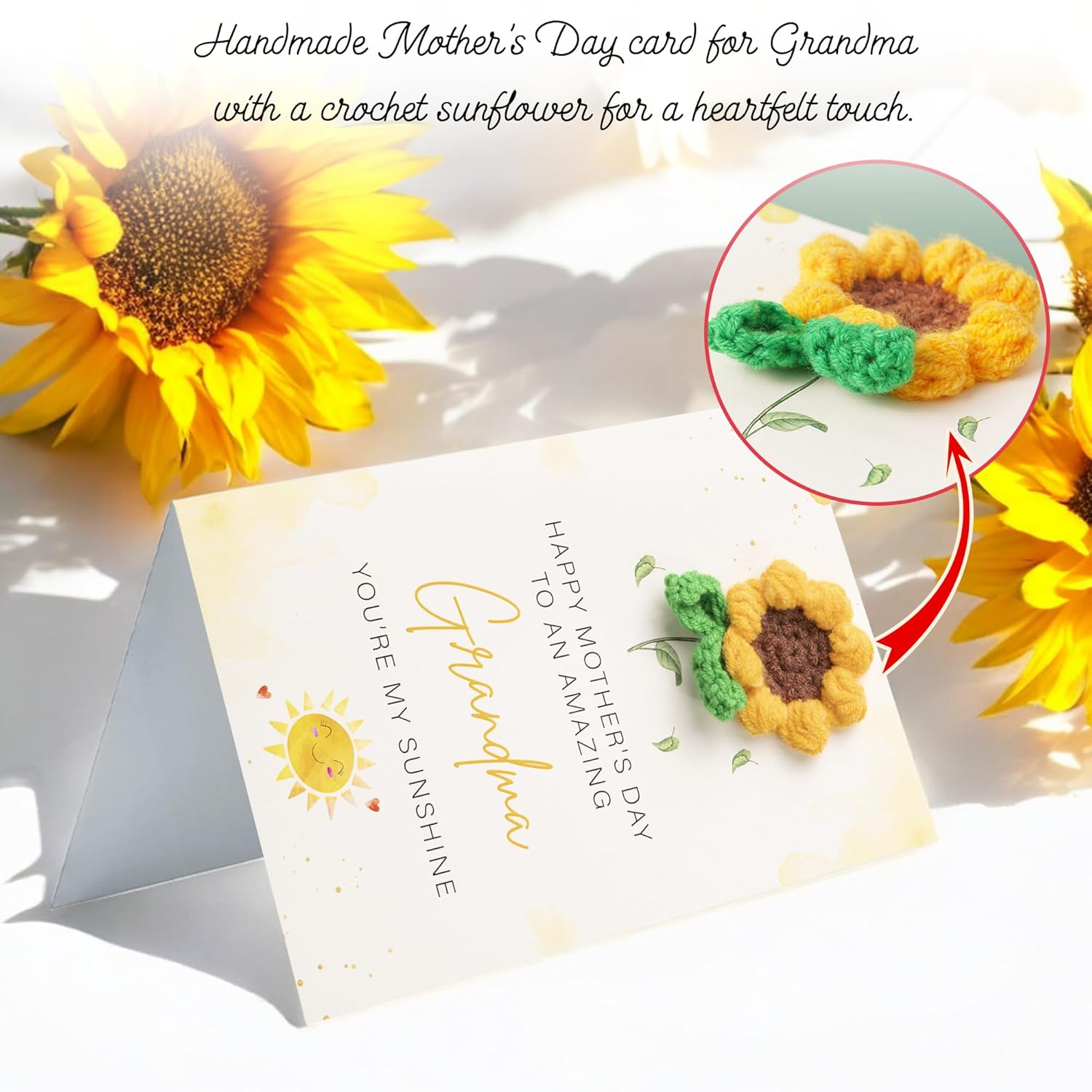 Crochet Sunflower Greetings Mothers Day Card For Grandma, Handmade Cute Knitting Crochet Greeting Cards, Mothers Day Gifts For Her, Unique Knitted Flowers Card Gifts For Mother'S Day And Birthdays