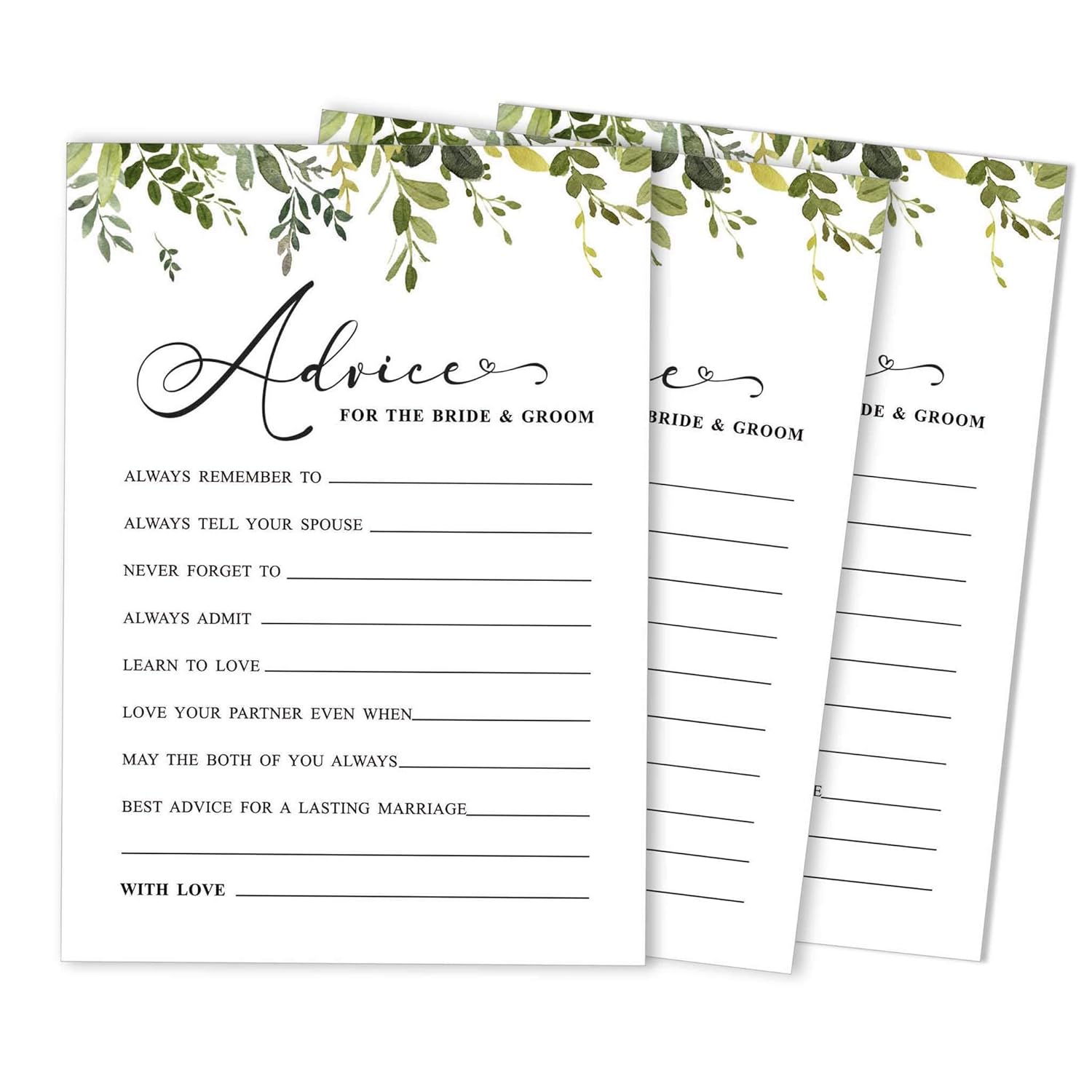 Pack Of 50 Greenery Advice Cards, Advice & Wishes For The Bride And Groom, Mr And Mrs Wedding Game Activity 5X7 Inches