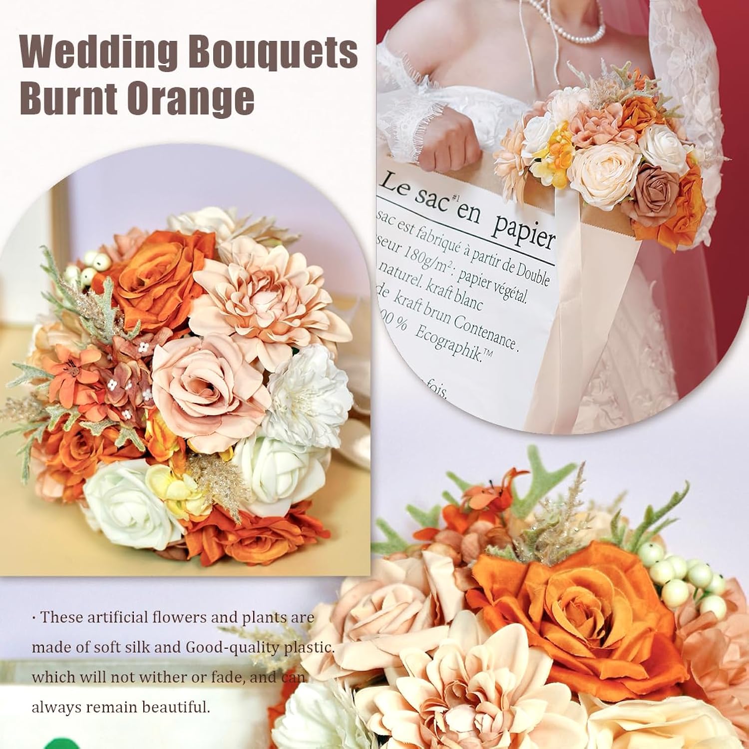 Wedding Bouquets For Bride Bridesmaid,Terracotta Burnt Orange Bouquet Artificial Fake Silk Roses Flowers Bridal Bouquet For Wedding Fall Boho Rustic Church Decoration Toss Bouquet (8.6In(M))