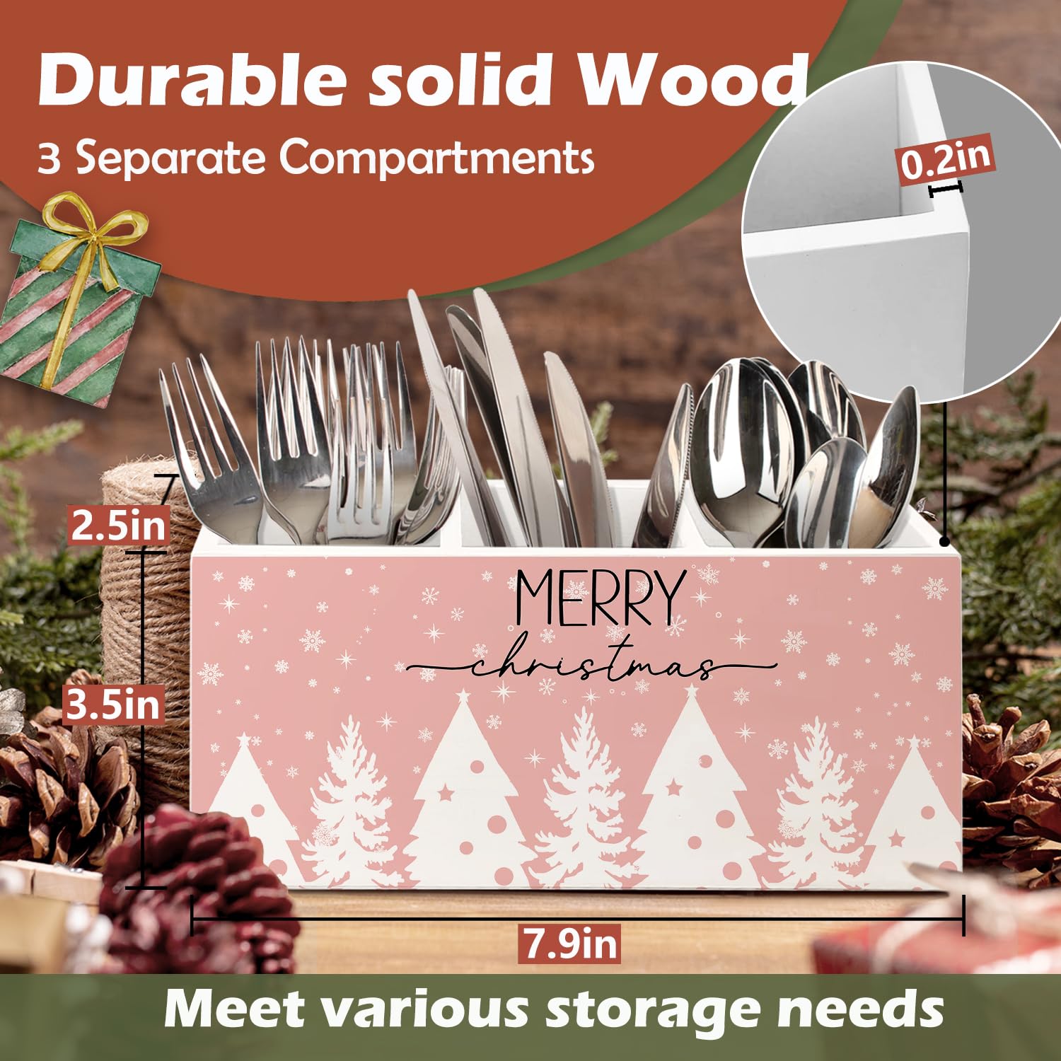 Merry Christmas Kitchen Utensil Holder, Pink Christmas Xmas Tree Snowflake Wooden Utensil Holder Organizer For Kitchen Countertop Counter Shelf Table Decor