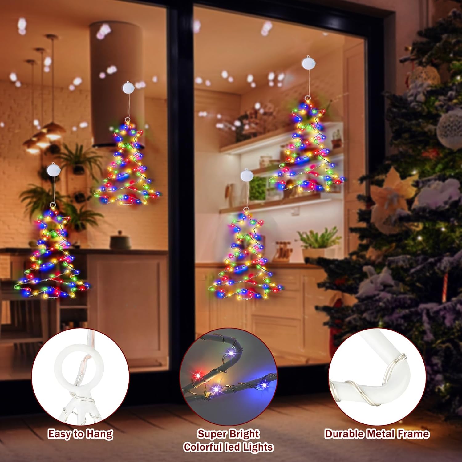 2Pcs Christmas Window Lights, Battery Powered Christmas Tree Lights Metal Framed Hanging Christmas Window Decorations Wi
