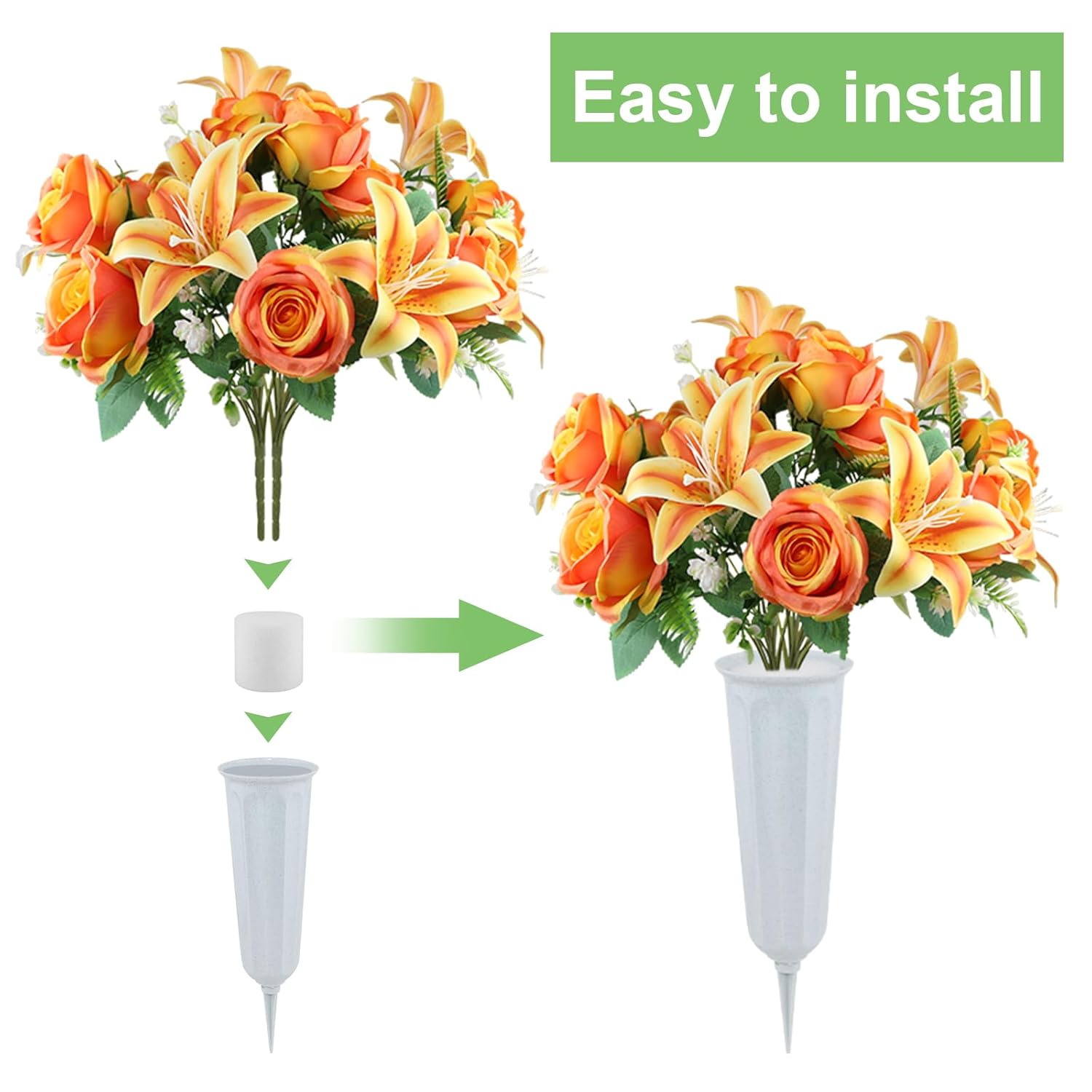 2 Set Artificial Cemetery Flowers With Grave Vase-2 Bunches Lilies & Rose Mixed Orangish Yellow Silk Memorial Flowers-2 Cemetry Vase With Foam For Outdoor Headstones Gravesite Graveyard Decorations