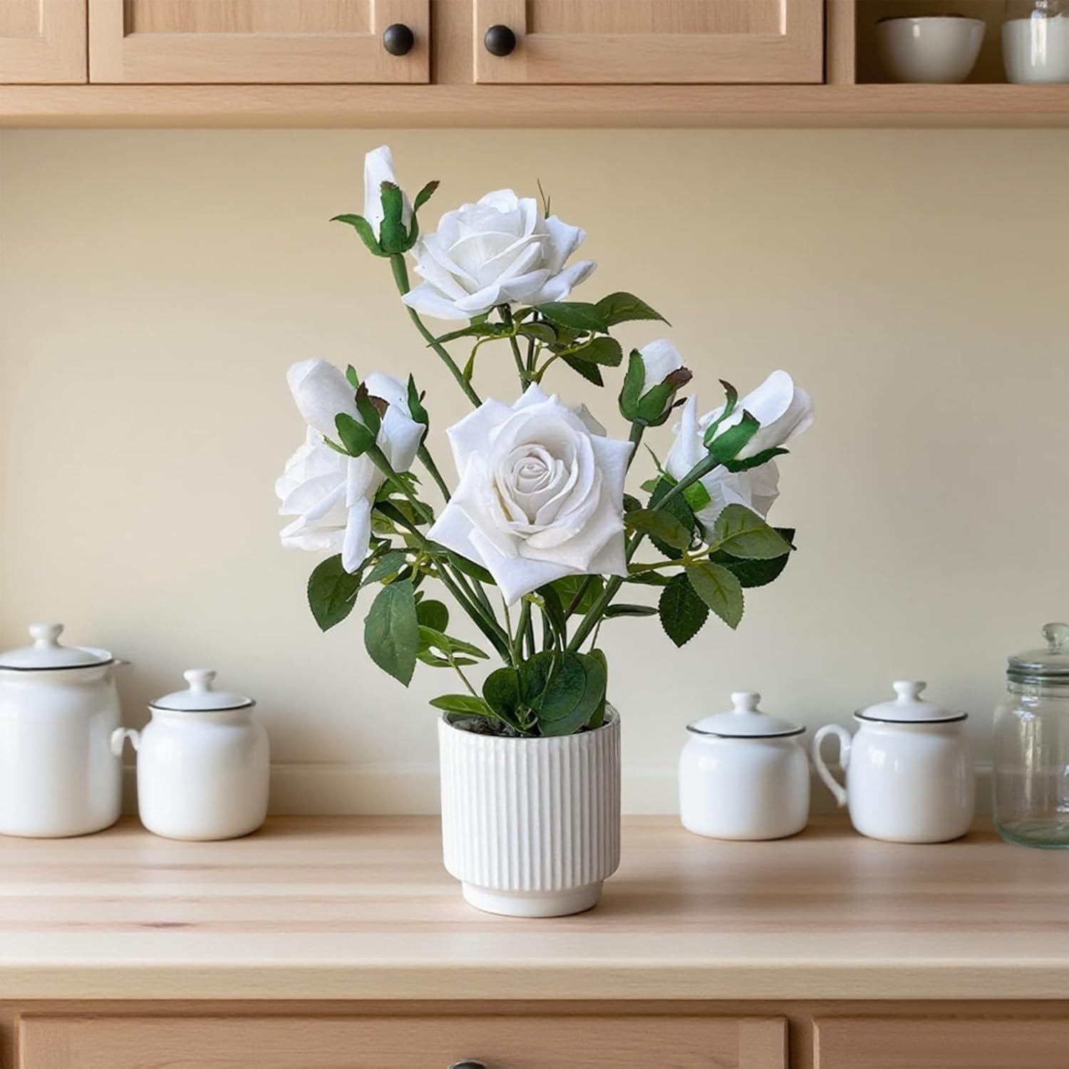 Artificial Rose Plant With Ceramic Vase,Home Decor Potted Floral Arrangement,Silk Roses Artificial Flowers (White)