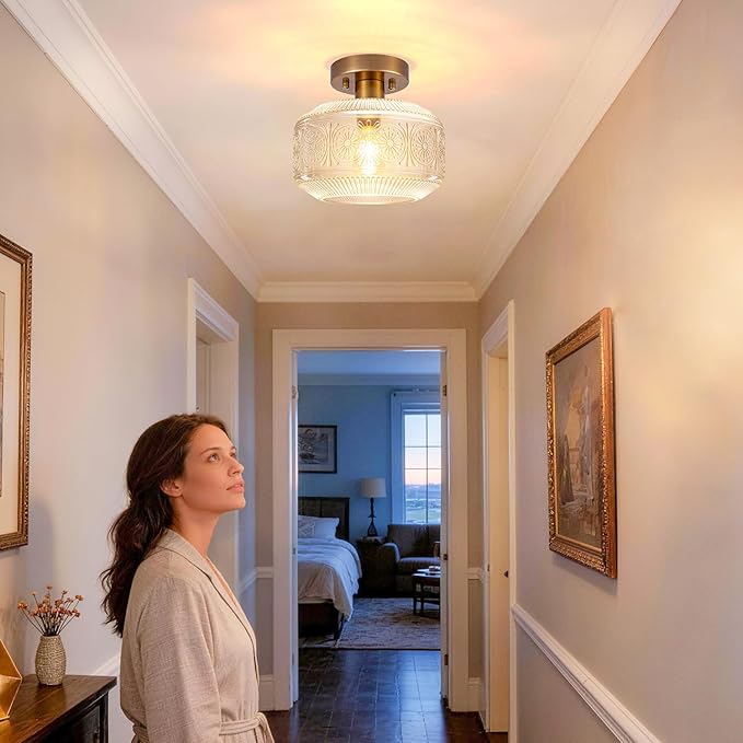 Vintage Brass Glass Ceiling Light Semi Flush Mount Hallway Bedroom Fixture