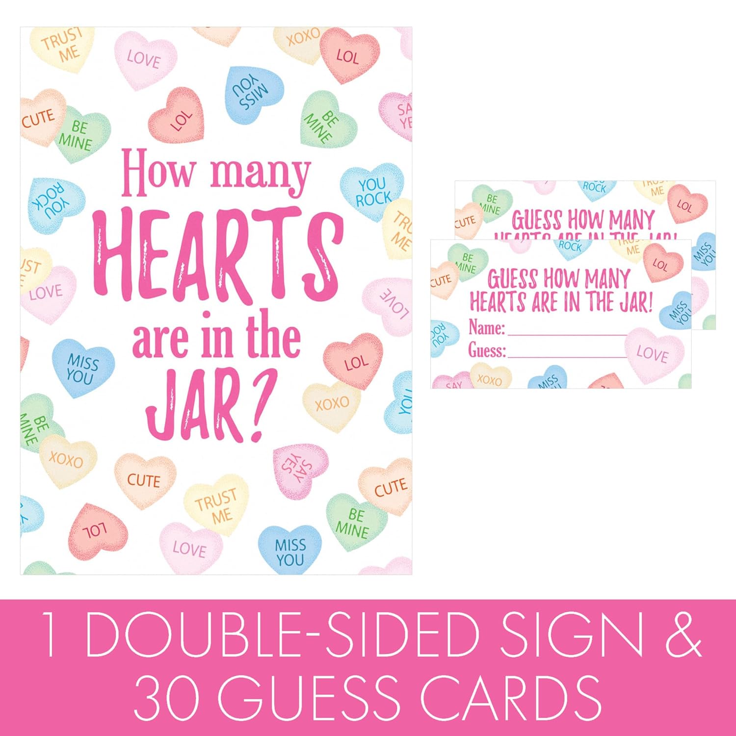 Valentine'S Day Party Game - How Many Candy Hearts In The Jar Party Activity (1 Sign & 30 Guessing Cards)
