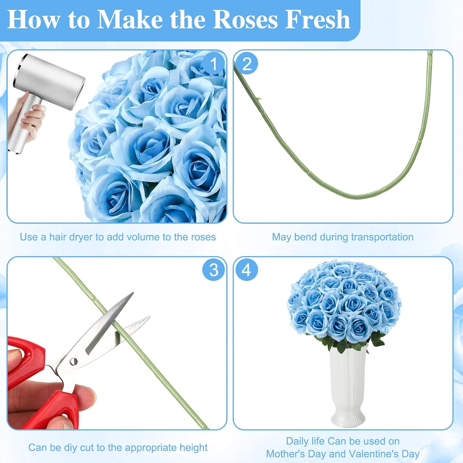 80 Pcs Roses Artificial Flowers, Silk Light Sky Blue Artificial Flowers Petals Long Stem Roses For Wedding Bouquet Home Party Decor