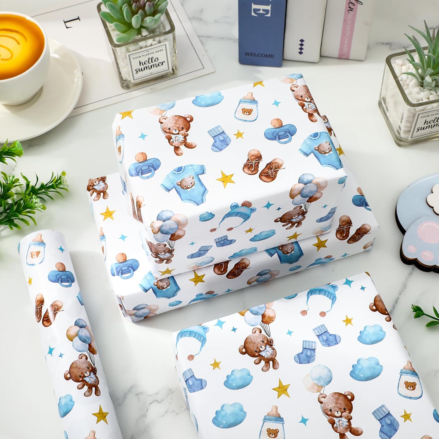 Baby Shower Wrapping Paper -Mini Roll- 17 Inch X 32.8Ft Watercolor Blue Brown Balloon Bear Clothesline Gift Wrap Paper For Baby Birthday Gender Reveal Diy Crafts