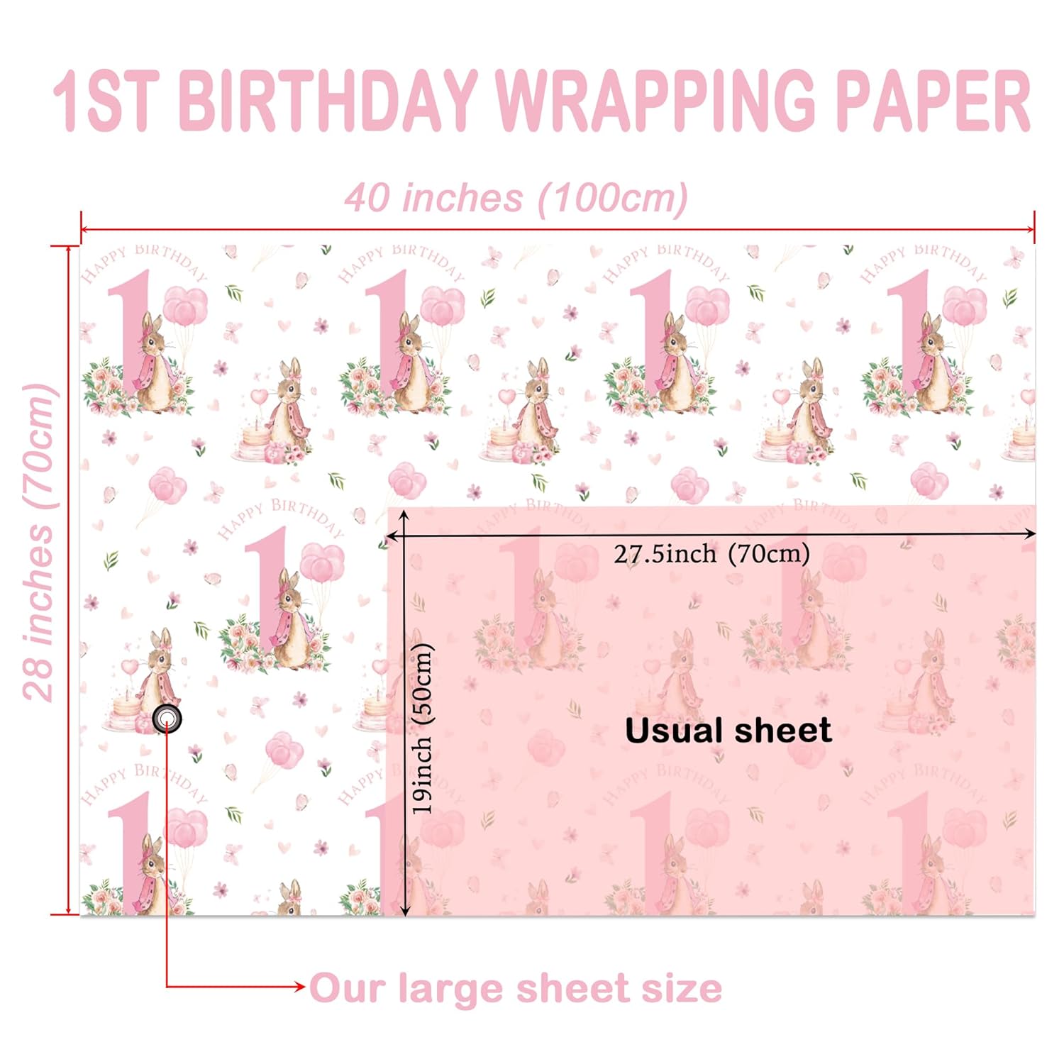 Girls 1St Birthday Wrapping Paper - 4 Jumbo Sheets, 28 * 40 Inches - Pink Bunny Floral Happy Birthday Gift Wrap, Perfect For First Birthday'S Party Or Baby Shower