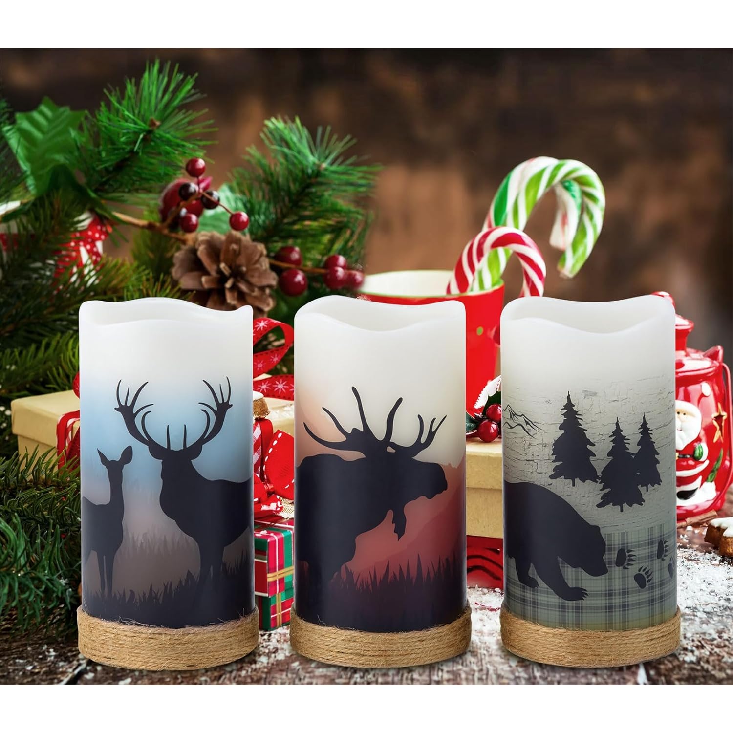 3Pcs Battery Operated Real Wax Pillar Candles With Charming Deer,Moose, Bear Decals,Flameless Flickering Led Candles With Hemp Rope And 6H Timer,Rustic Home Decor For Christmas (D3 X H6)