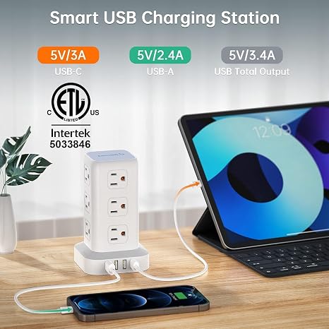 Power Strip Tower 12 Outlets 4 USB Ports 6.5FT Extension Cord Charging Station Black