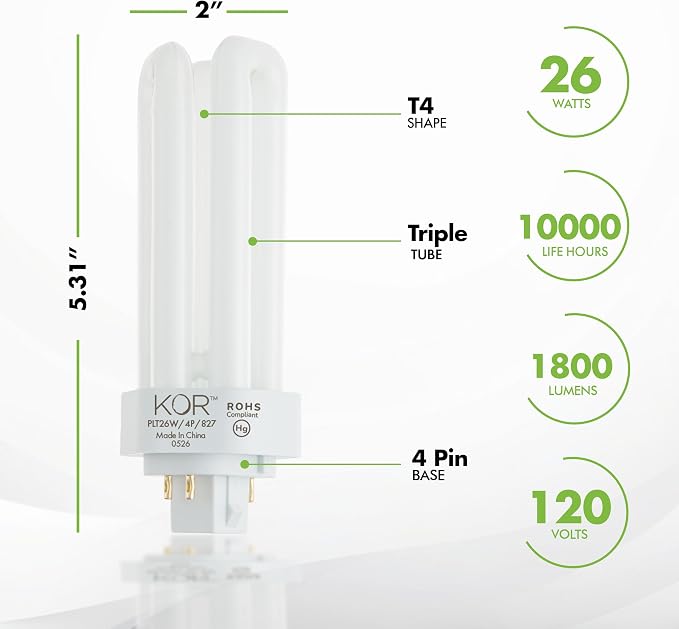 26W CFL Plug-In Bulbs GX24Q-3 4-Pin Base 2700K Warm White Triple Tube Replacement 4 Pack