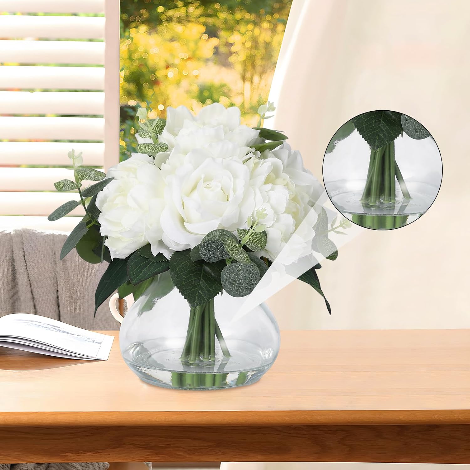 Lifelike 4 Roses + 4 Peonies In Glass Vase With Faux Water, Artificial Flower Arrangements For Wedding & Home Table Centerpieces