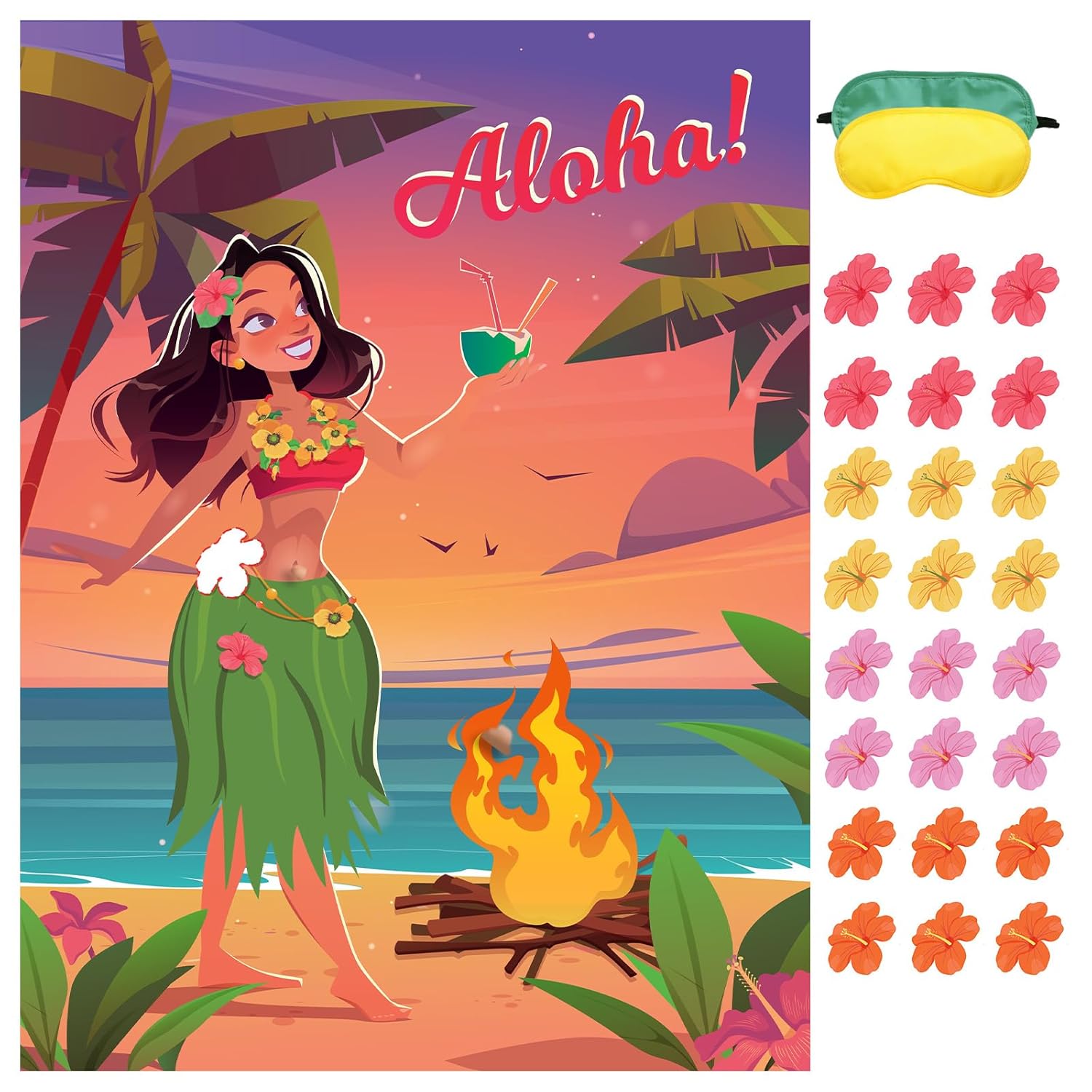 Hawaiian Party Game Luau Games Summer Tropical Pin The Flower Funny Poster With 24 Stickers And 2 Blindfolds For Tiki Summer Beach Party Supplies