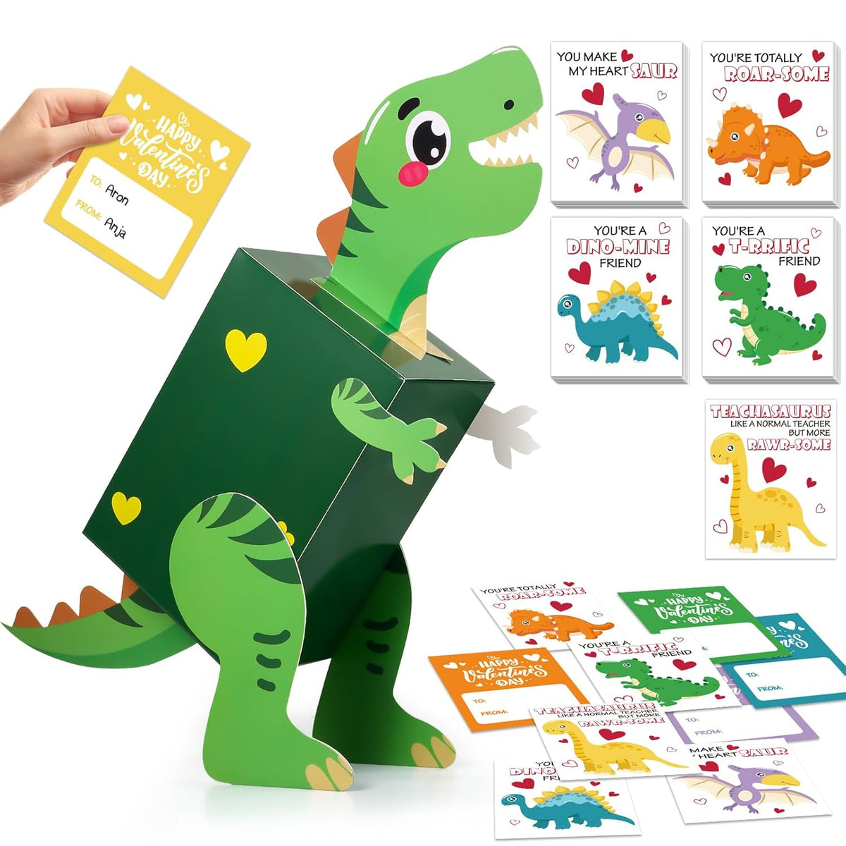 Dinosaur Valentines Day Box And Cards For Kids Classroom School Exchange, Valentines Gift Party Favors For Boys Girls - 1 Diy Box, 32 Valentine Cards, 1 Teacher Card