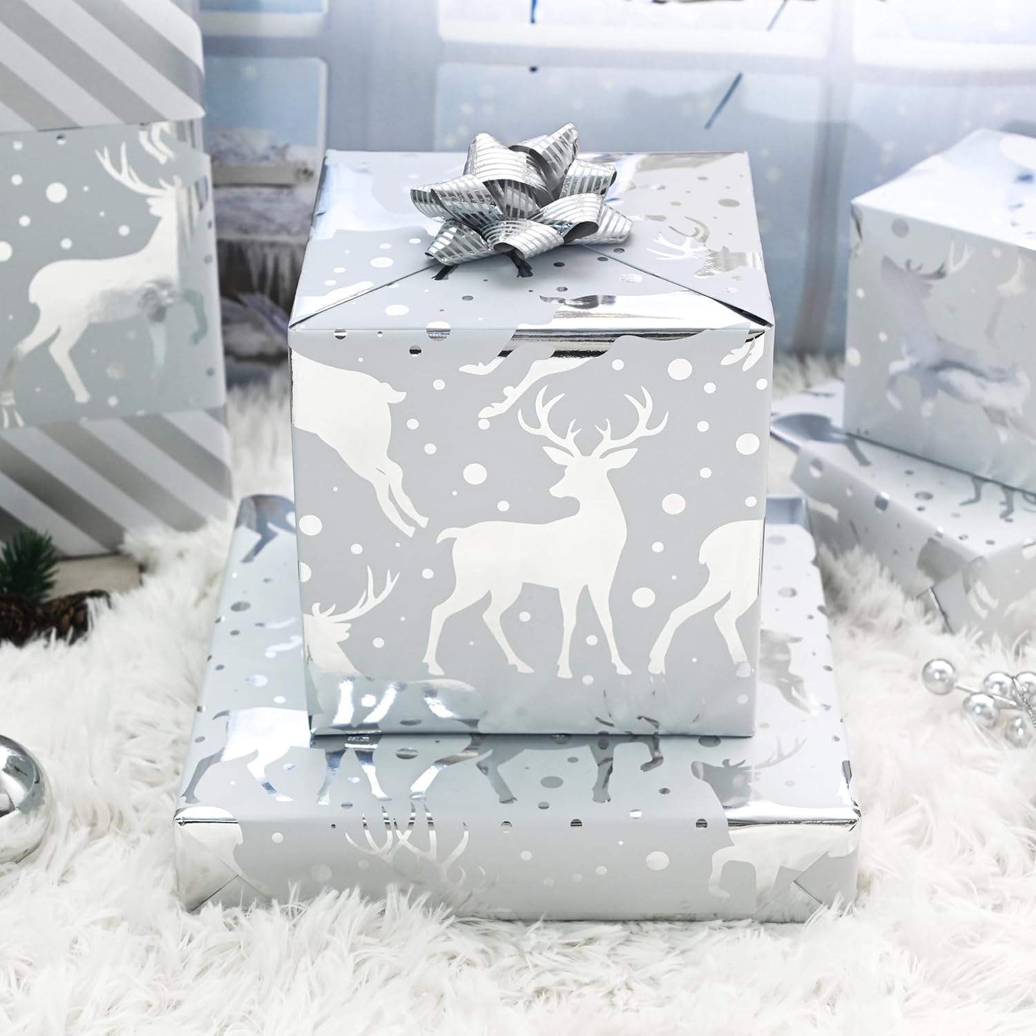 Christmas Wrapping Paper Roll - Sliver White Reindeer Gift Wrap Metallic Foil Design For Festive Winter Holiday Season (Sliver, 17 Inch X 16.5 Feet)