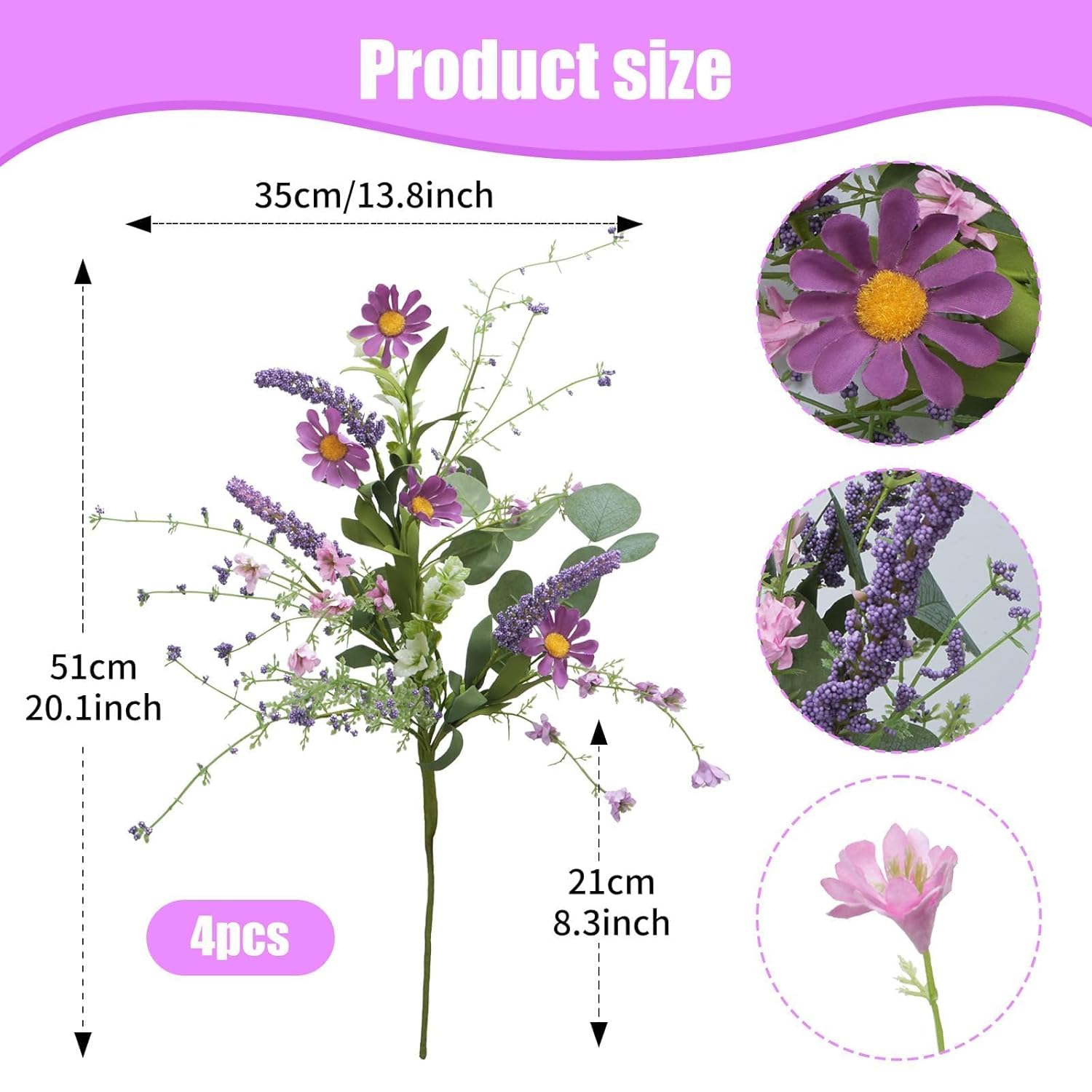 4 Bundles Spring Flowers Artificial Fake Wildflowers Bouquet Purple Daisy Flowers Faux Flower Arrangements Silk Flowers For Home Decor Indoor Table Centerpieces Vase Office