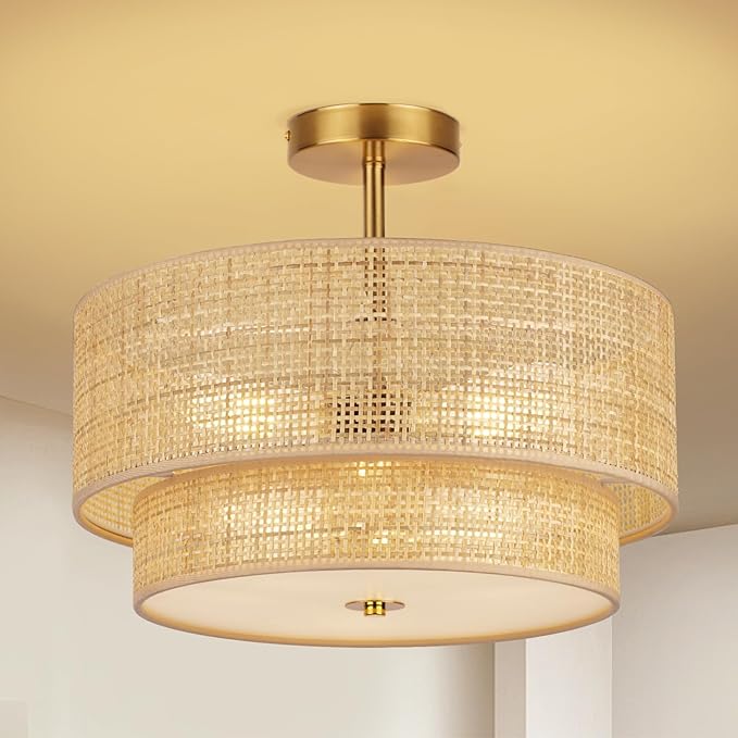16 Inch Boho Rattan Semi Flush Mount Ceiling Light 3 Light Gold Farmhouse Fixture