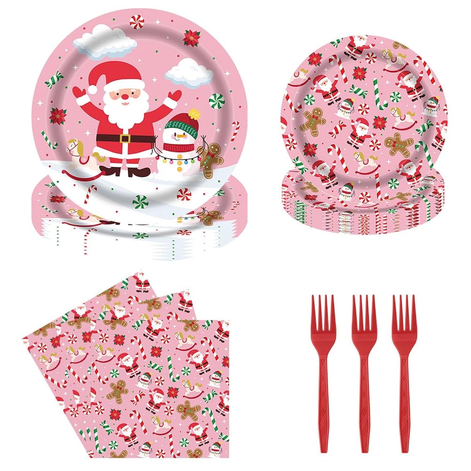 Christmas Gingerbread Man Santa Claus Pink Tableware Set 96 Pcs Disposable Plates Napkins Forks Candy Cane Snowman Pattern Santa Merry Christmas Party Decorations Serve 24 Guests