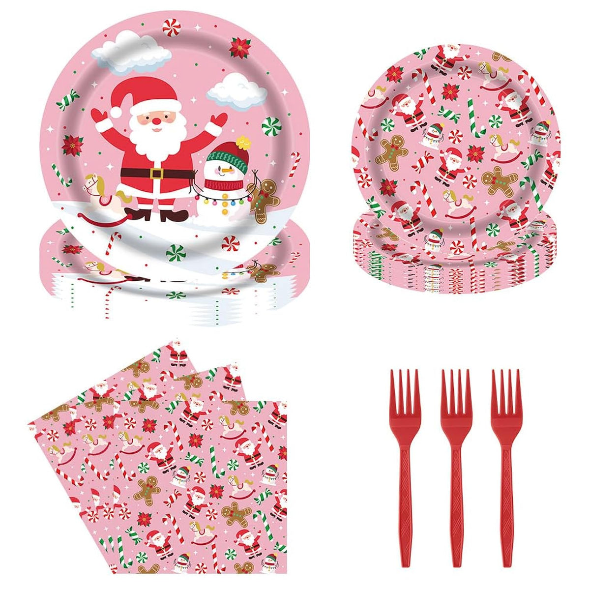 Christmas Gingerbread Man Santa Claus Pink Tableware Set 96 Pcs Disposable Plates Napkins Forks Candy Cane Snowman Pattern Santa Merry Christmas Party Decorations Serve 24 Guests