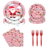 Christmas Gingerbread Man Santa Claus Pink Tableware Set 96 Pcs Disposable Plates Napkins Forks Candy Cane Snowman Pattern Santa Merry Christmas Party Decorations Serve 24 Guests
