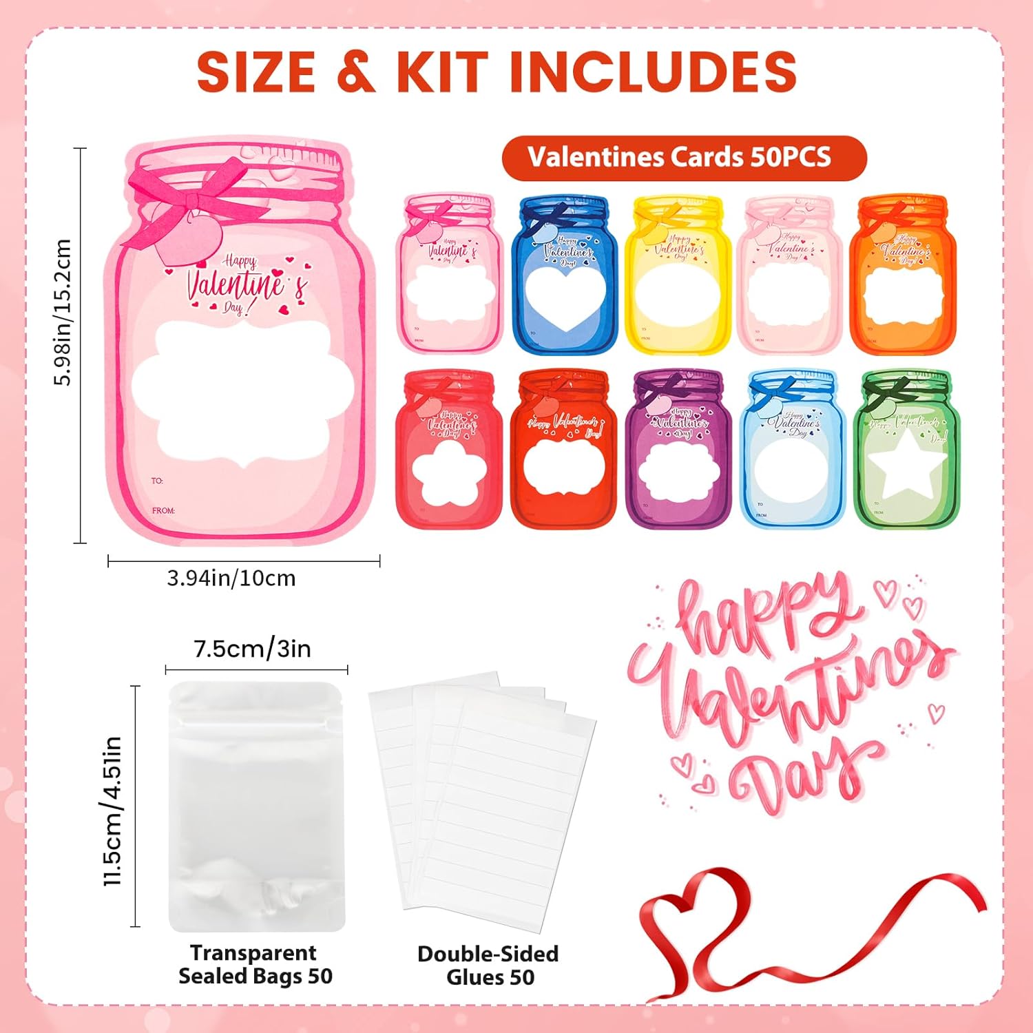 Valentines Day Cards For Kids Classroom – 50 Pack Candy Jar Colorful Valentine Cards With Treat Bags, Cute Kids Exchange Cards For School Activities & Parties (Candy Not Included)