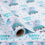 Reversible Baby Boy Wrapping Paper For Kids Boys - 17 Inch X 16.5 Feet - Blue Elephant Truck & Polka Dot - Cute Animals Patterns For Birthday Baby Shower New Baby Party Decoration