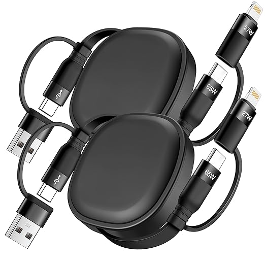 2 Pack 5 in 1 Retractable Multi Charging Cable 65W USB C Fast Charger Cord for iPhone 17 16 15 Samsung S25 S24 iPad