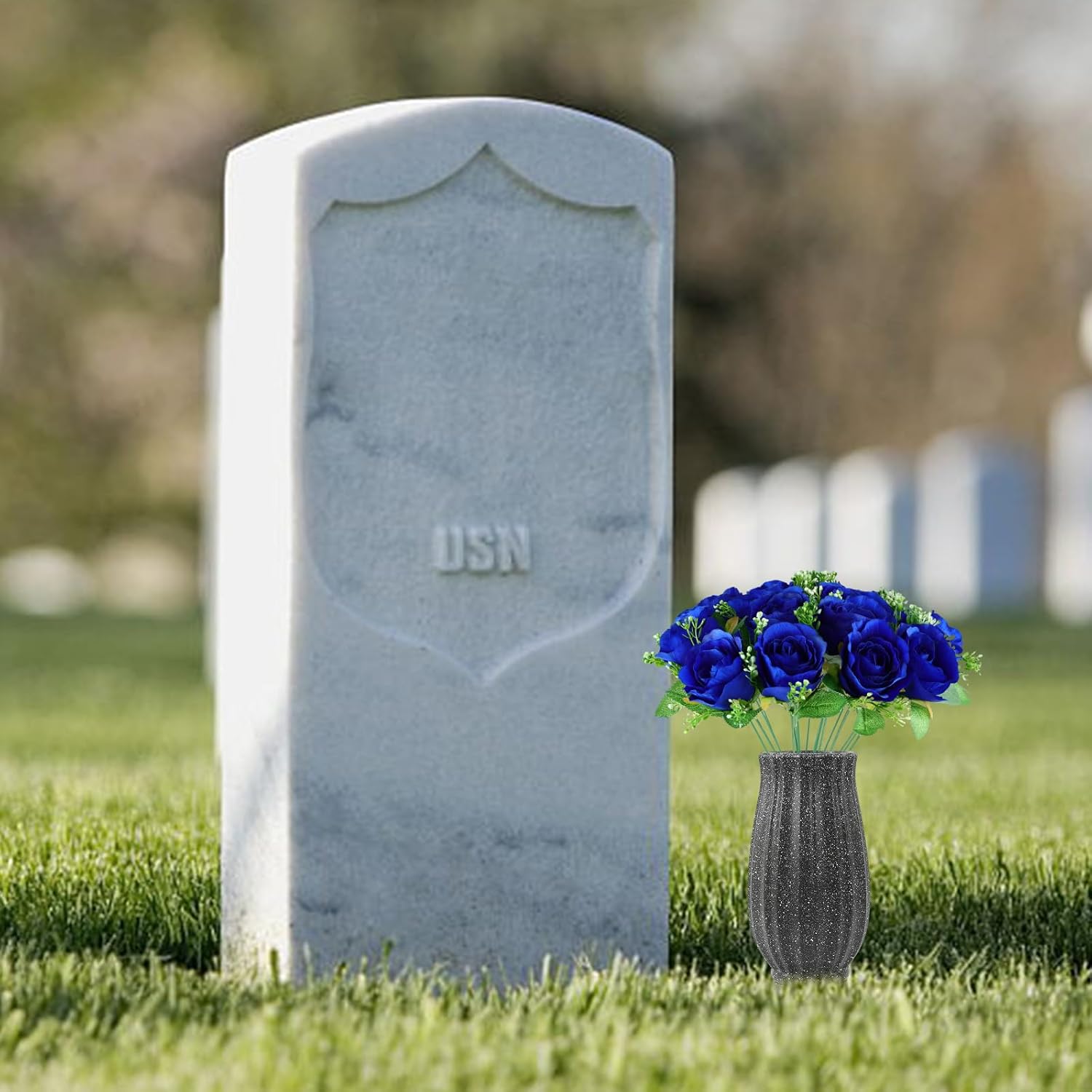 Cemetery Decorations For Grave-18 Blue Silk Memorial Artificial Rose Flower For Headstones Graveyard Graveside Grave Vase Funeral Decorations