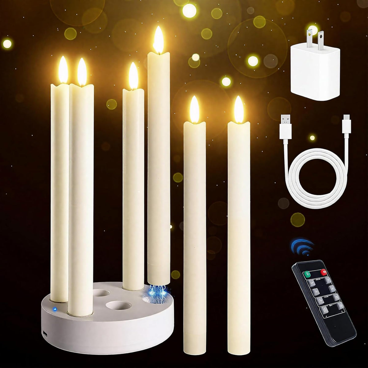 Rechargeable Flameless Taper Candles, 6 Pcs Real Wax Rechargeable Led Candles Flickering With Remote Timer And Charging Base, Battery Operated Candlesticks For Christmas Wedding Party Home Decor
