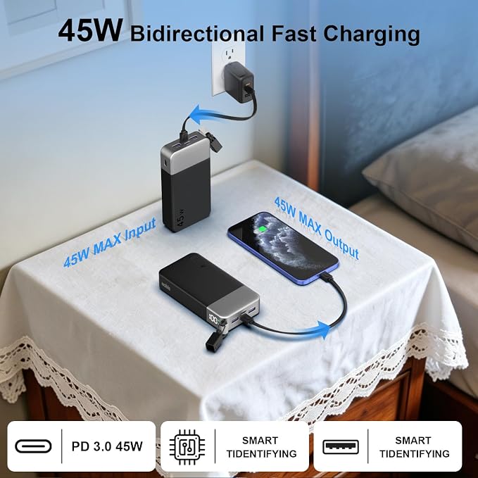 20000mAh 45W Power Bank with Detachable Cable 2C 2A Portable Charger Digital Display