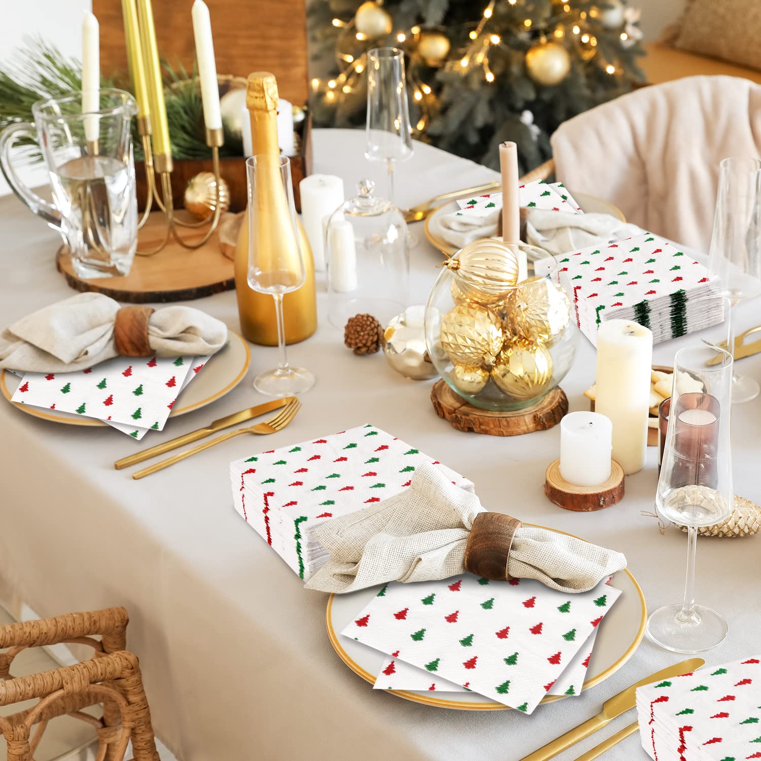 60 Pack Christmas Paper Napkins Christmas Tree Red Green 5 X 5 "Disposable White Beverage Napkins Decorative Table Napkin For New Year Winter Dinner Merry Christmas Holiday Xmas Party Supplies