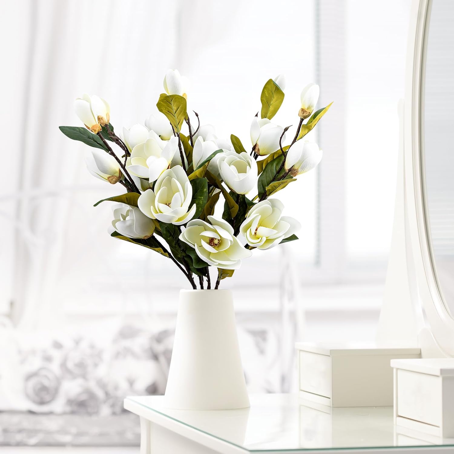 2 Pcs 41Inch Artificial Magnolia Flowers 3D Real Touch 8 Heads Faux Magnolia Flowers Realistic Long Stem With Green Leaves For Home Wedding Table Office Floral Arrangement Decoration (White)