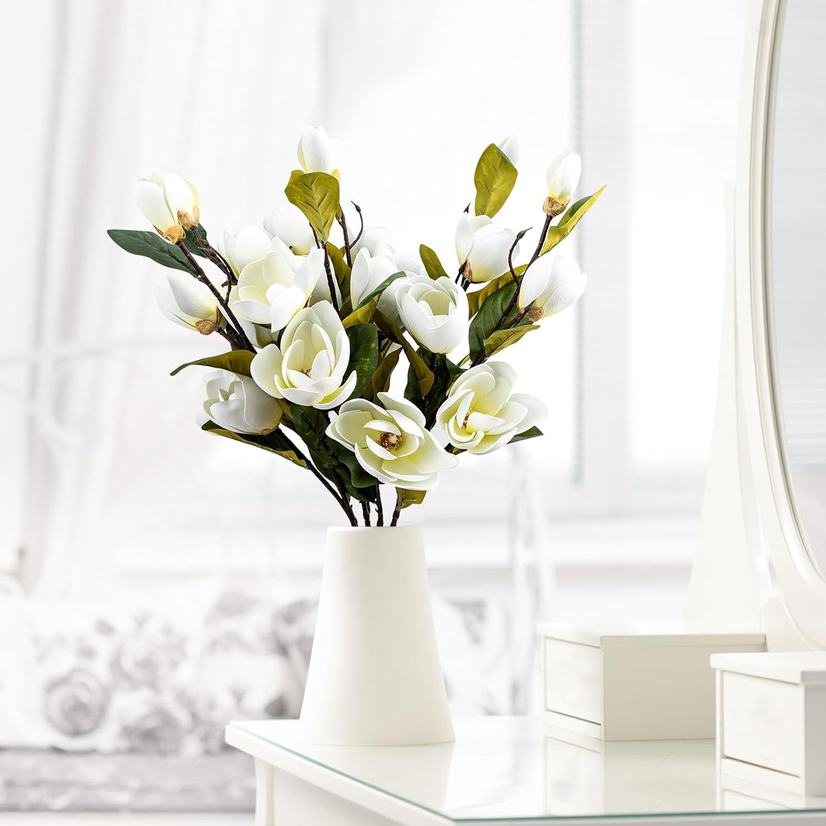2 Pcs 41Inch Artificial Magnolia Flowers 3D Real Touch 8 Heads Faux Magnolia Flowers Realistic Long Stem With Green Leaves For Home Wedding Table Office Floral Arrangement Decoration (White)