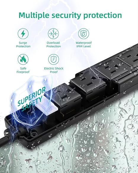 Outdoor Weatherproof Power Strip 6 Outlets 6FT Cord 1875W Surge Protector