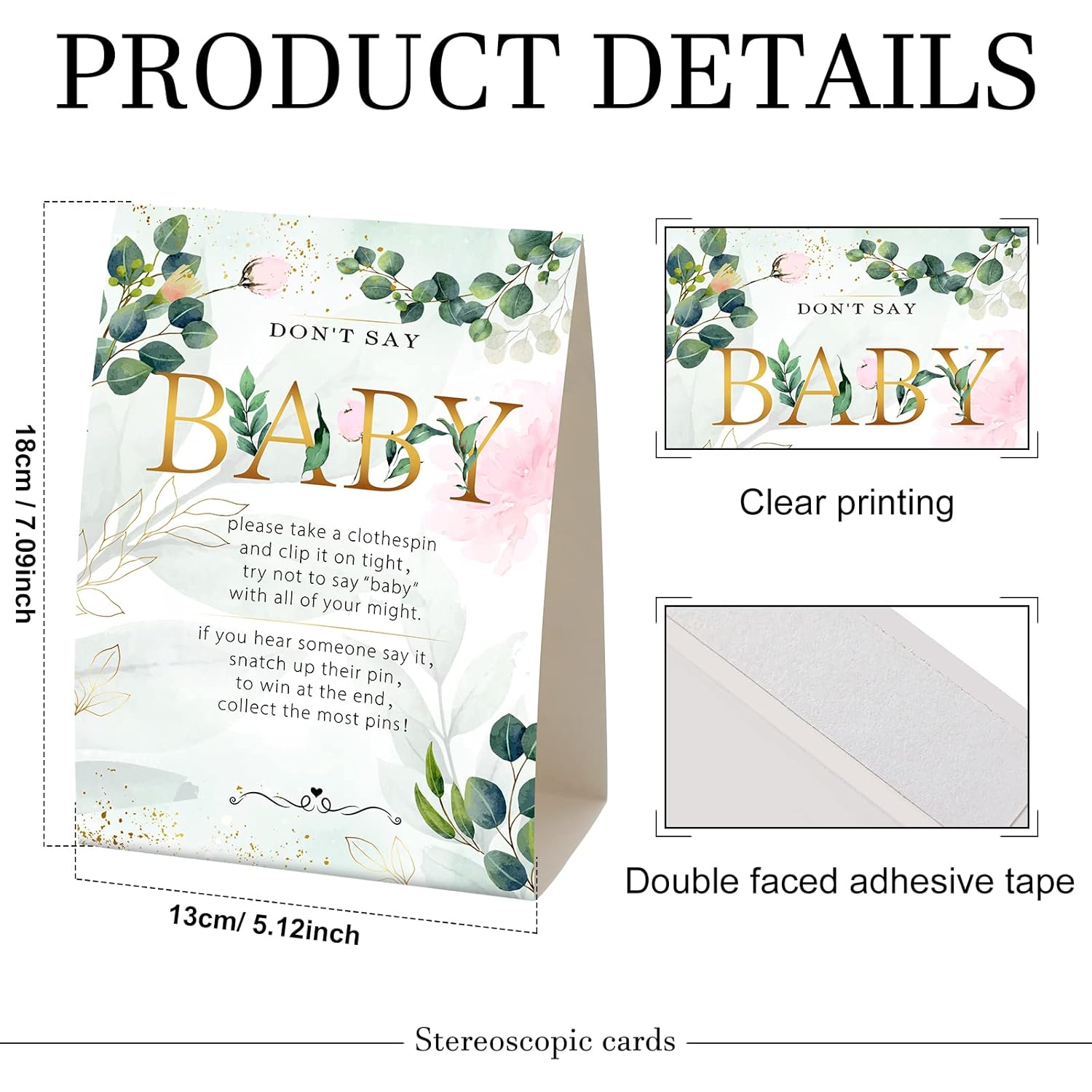 61 Pieces Don'T Say Baby Sign 5 X 7 Inch Baby Shower Games And 60 Mini Clothespins Shower Games For Guests Prizes With Pins For Gender Reveal Favors Party Decorations(Greenery Style)