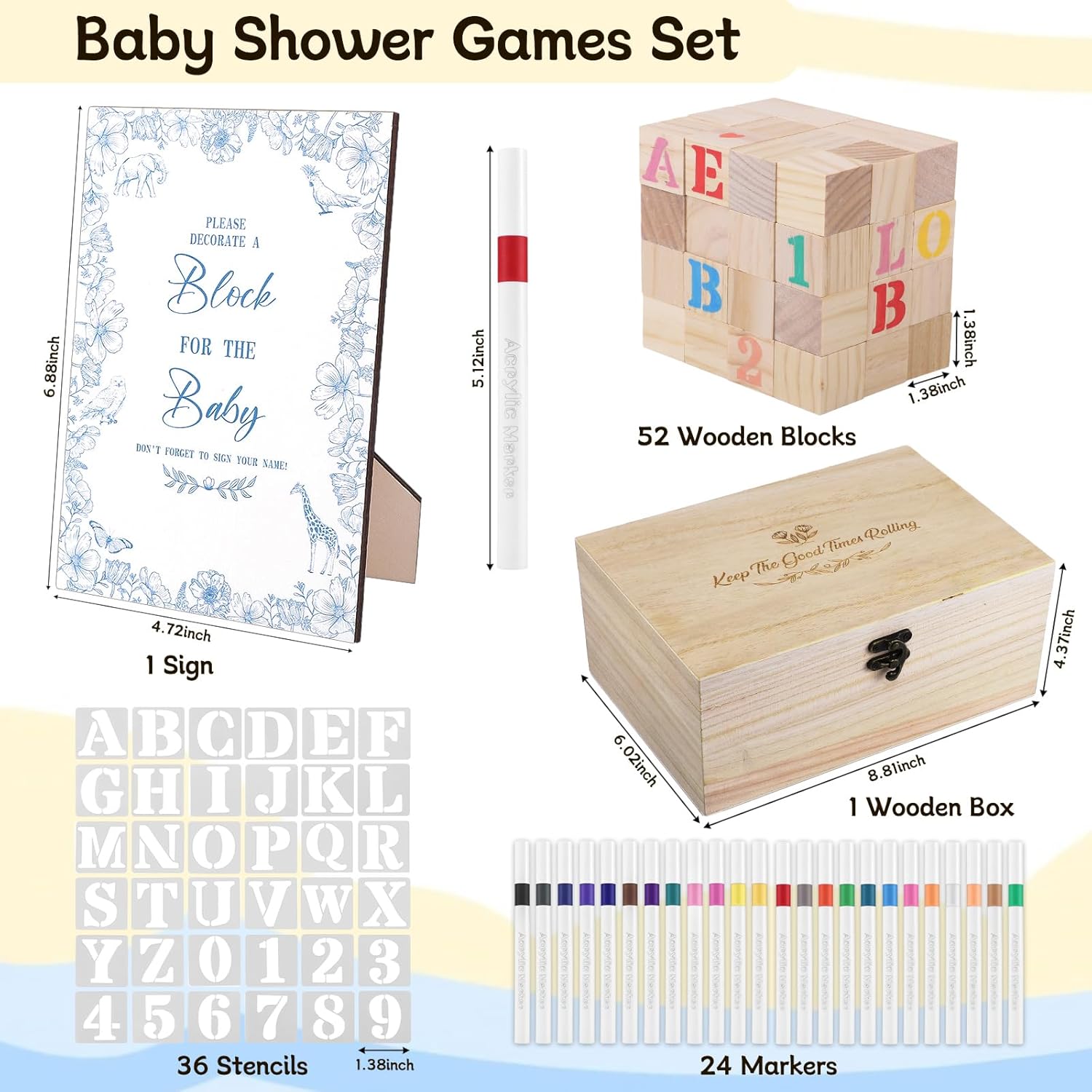 114Pcs Baby Shower Games Kit, 52 Blank Wooden Baby Shower Blocks 24 Acrylic Paint Marker 1 Wooden Sign 1 Storage Box And 36 Templates For Baby Shower Decorations