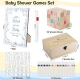 114Pcs Baby Shower Games Kit, 52 Blank Wooden Baby Shower Blocks 24 Acrylic Paint Marker 1 Wooden Sign 1 Storage Box And 36 Templates For Baby Shower Decorations